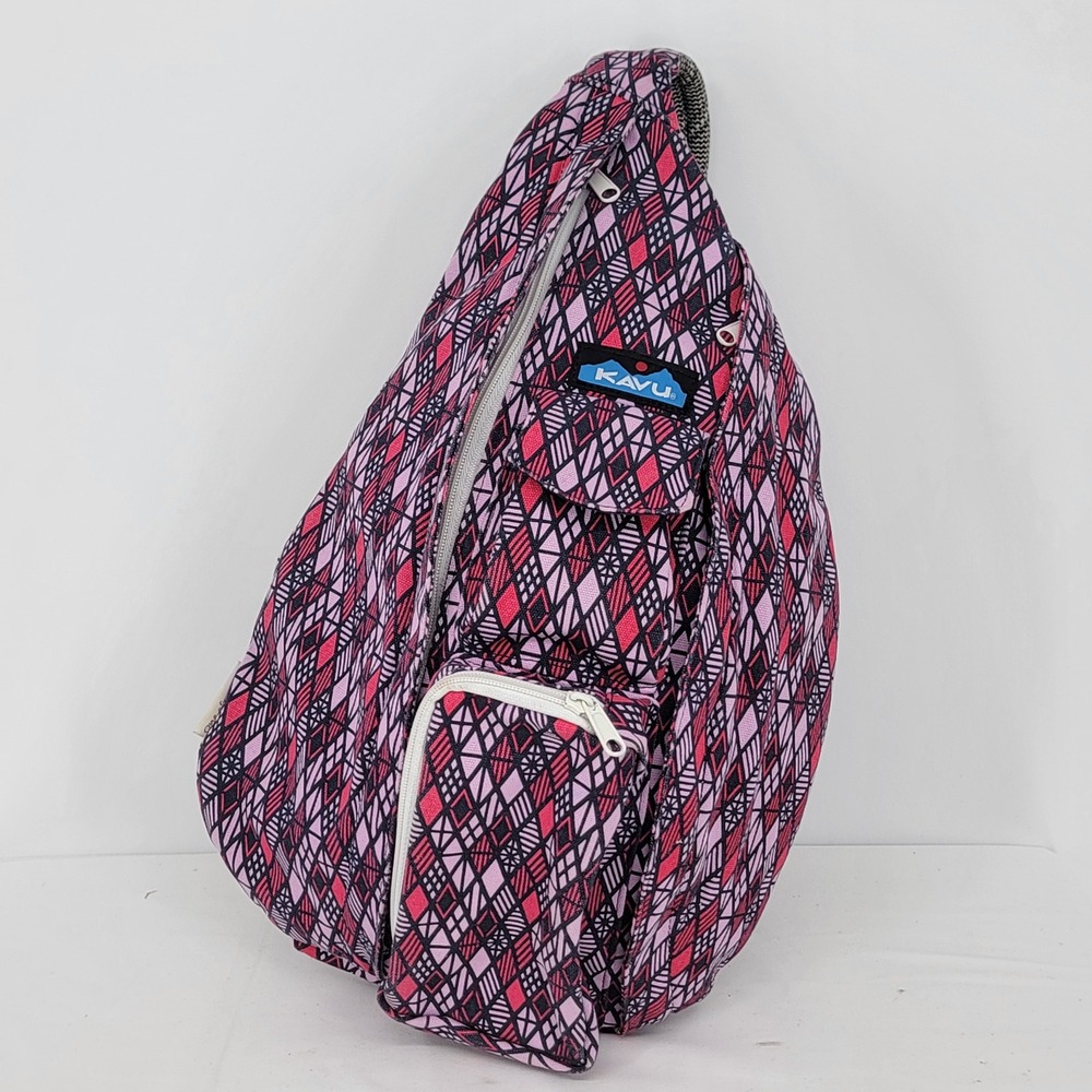 KAVU Rope Bag Sling Backpack Pink Geometric Diamond Canvas Crossbody Hiking Bag